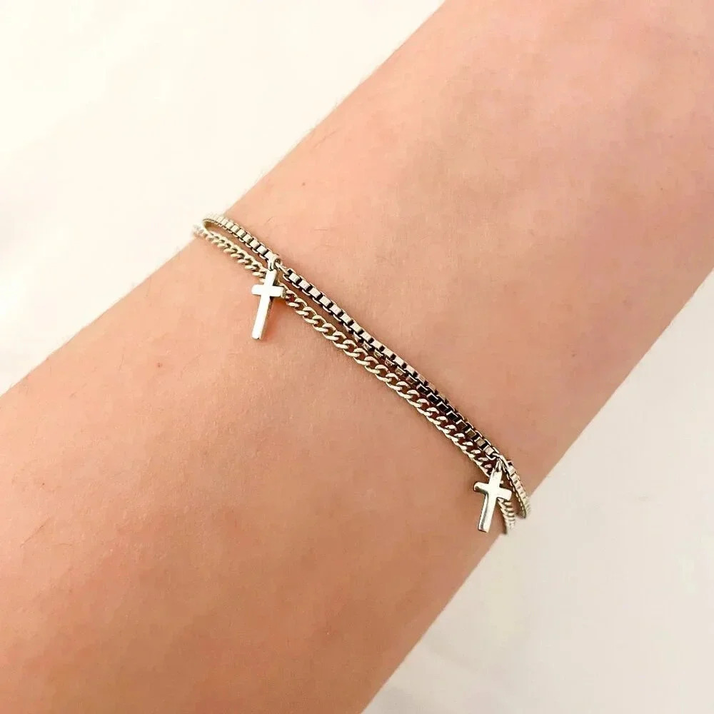 925 Sterling Silver Dainty Box Chain Bracelet Thin Dangle Cross Charm Bracelet